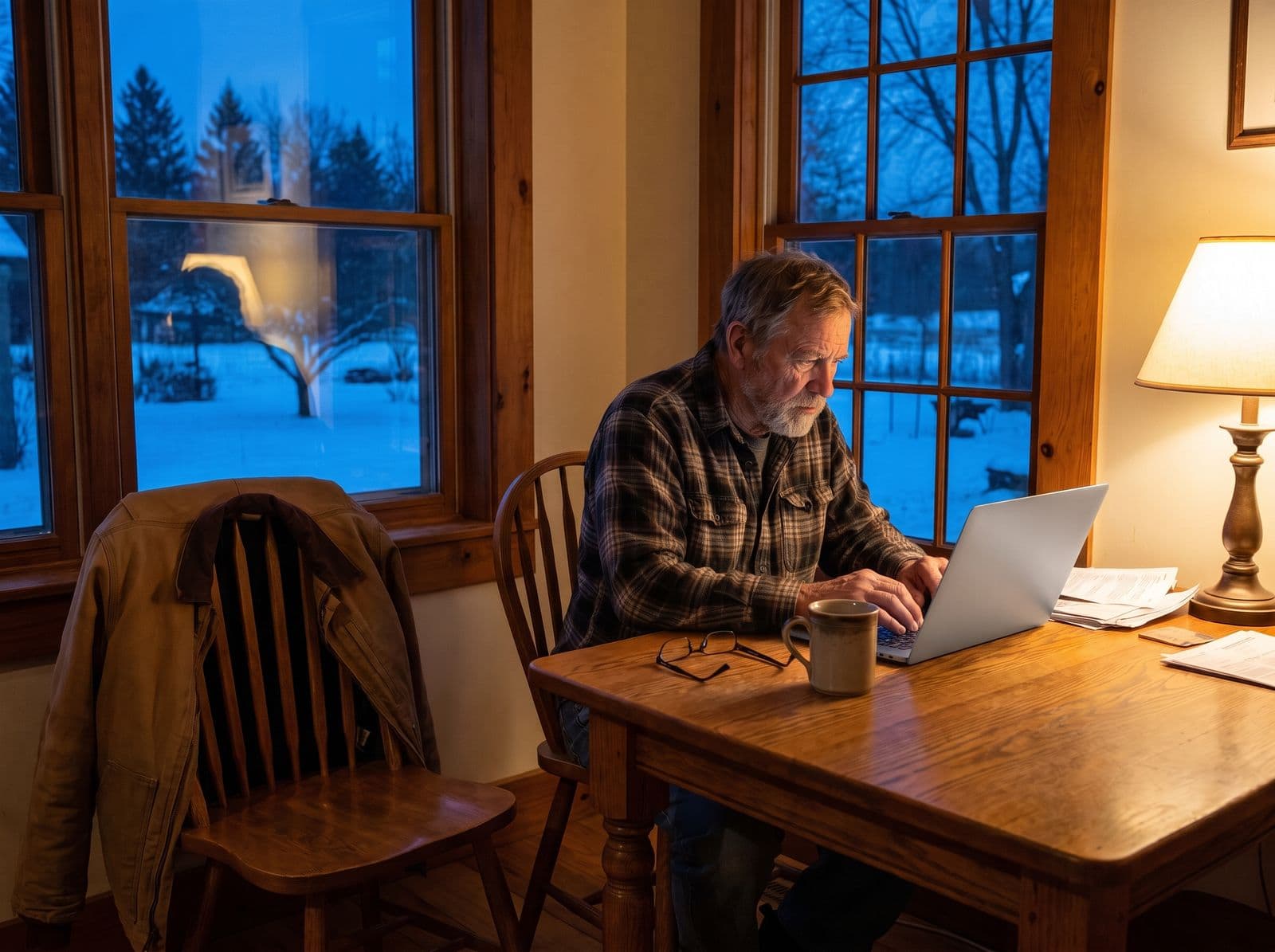 An experienced Wisconsin builder doing his continuing education on a laptop at his kitchen table on a winter evening