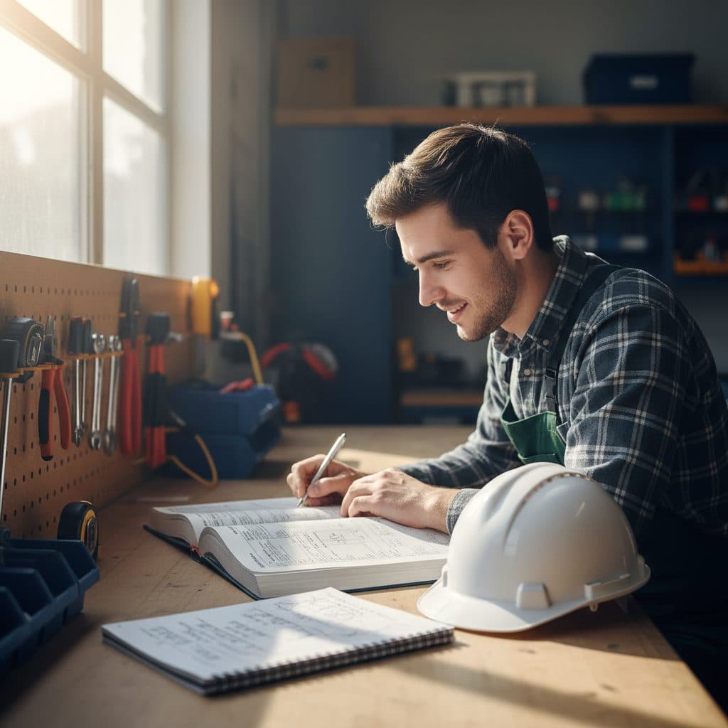 An apprentice studying a code book at a workbench beside a new hard hat